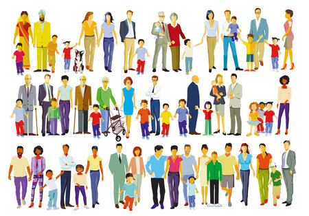A large group of parents with children, isolated illustrationのイラスト素材