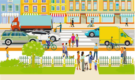 City silhouette of a city with traffic and delivery illustrationのイラスト素材