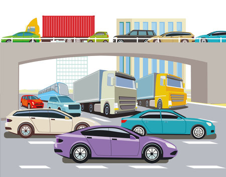 Passenger cars and trucks on the highway illustrationのイラスト素材
