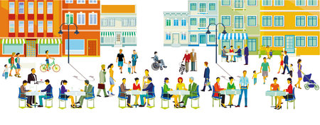 City silhouette with groups of people having leisure time in residential district, illustrationのイラスト素材
