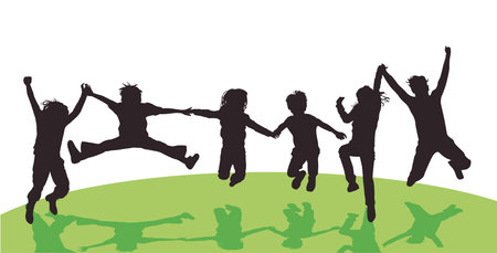 A group of children jumping happily, isolated illustrationのイラスト素材
