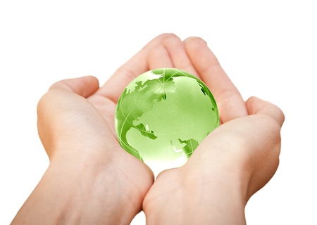 human hands carefully holding Earth planet  Glass Worldの写真素材