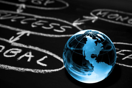 Flowchart on a chalk board with world globe showing Americaの写真素材