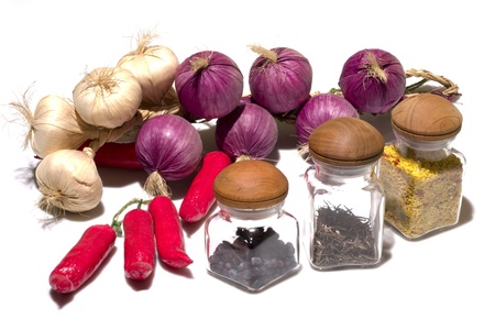 dried onion and pepper and glass with seedsの写真素材