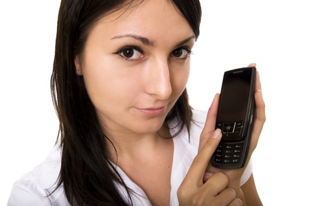 Woman holding phone on white backgroundの写真素材