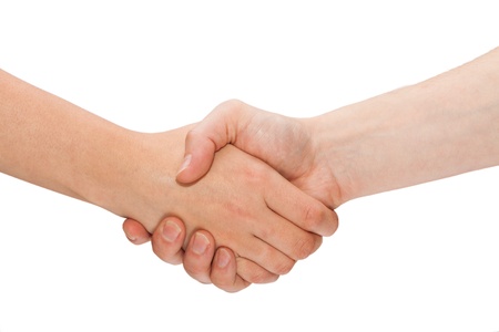 Woman and man handshaking  Isolated on white