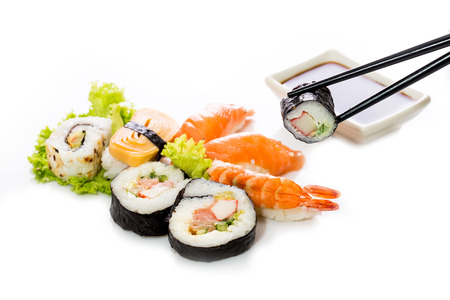 Sushi assortment isolated on white background の写真素材