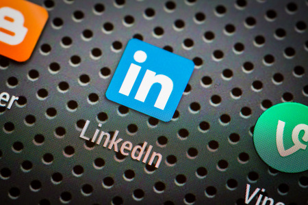 BELCHATOW, POLAND - APRIL 10, 2014  Closeup photo of Linkedin icon on mobile phone screen  Popular social network のeditorial素材