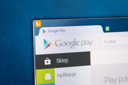BELCHATOW, POLAND - APRIL 11, 2014  Photo of Google Play social network homepage on a monitor screen のeditorial素材