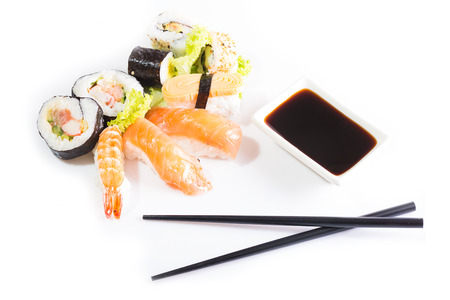 Sushi assortment isolated on white background.の写真素材