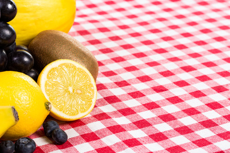 fruit on tablecloth textile. Space in the backgroundの写真素材