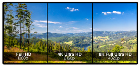 Television display with comparison of resolutions. Full ultra HD 8k on modern TV.