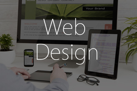 Designer's desk with responsive web design concept.の写真素材