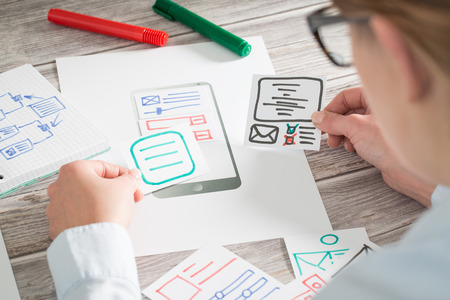 ux designer designing designers web brand phone smartphone layout geek business prototype internet goals sketch plan write idea success solution concept - stock imageの写真素材