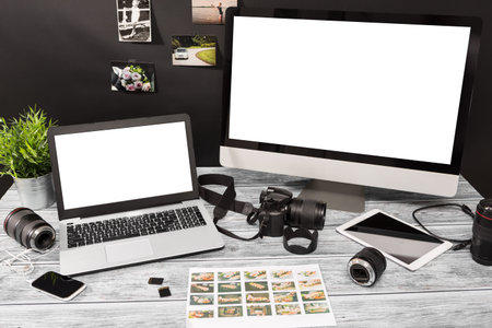 mockup design monitor working desk white space designer screen desktop nobody table concept - stock...