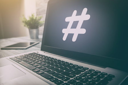 hashtag post viral web network media tag business topics topic success laptop notebook content sharing concept - stock imageの写真素材