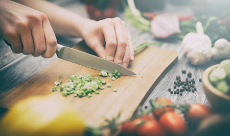 cooking healthy lifestyle meal prepare food women life dinner vegan kitchen live diet hands salad chef happy concept - stock image