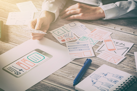 ux designer designing designers web brand phone smartphone layout geek business prototype internet goals sketch plan write idea success solution concept - stock imageの写真素材