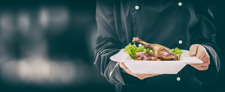 The chef keeps perfect made dinner. chef cooking restaurant food dish dine fine plate background serve hotel garnish gourmet molecular backdrop prepare culinary concept - stock imageの写真素材