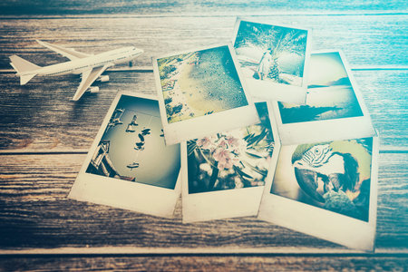 photo plane travel view traveler photograph album instant background top nostalgia collection concept - stock imageの写真素材