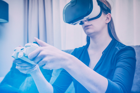 gaming game play gamer virtual glasses vr 3d veiw vision immersion controller concept - stock imageの写真素材