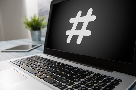 hashtag post viral web network media tag business topics topic success laptop notebook content sharing concept - stock imageの写真素材
