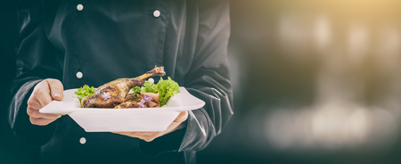 The chef keeps perfect made dinner. chef cooking restaurant food dish dine fine plate background serve hotel garnish gourmet molecular backdrop prepare culinary concept - stock imageの写真素材