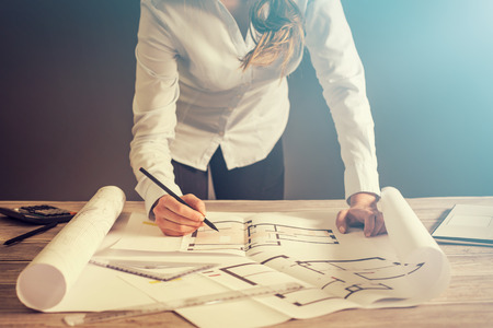architect architecture drawing project blueprint office business working architectural construction design designer ruler table workplace concept - stock imageの写真素材
