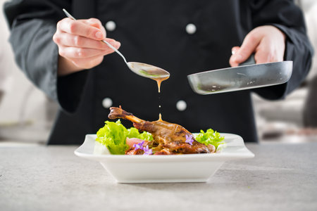 chef cooking restaurant food salad sauce gourmet molecular decorating kitchen dish garnish plate serving lunch top dinner concept - stock imageの写真素材
