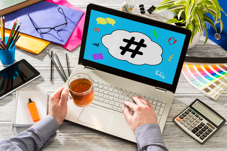hashtag post viral web network media tag business topics topic success laptop notebook content sharing concept - stock imageの写真素材