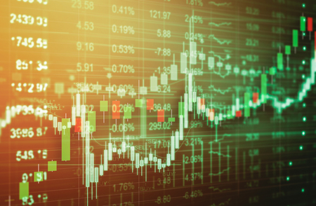 Candle stick graph and bar chart of stock market investment trading. Analysis Forex price display on computer screen.の写真素材