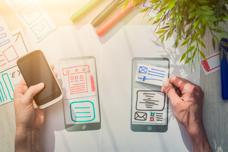 Designer woman drawing website ux app development. User experience concept.の写真素材
