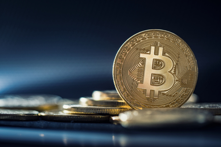 Bitcoin gold coin. Cryptocurrency concept. Virtual currency background.の写真素材