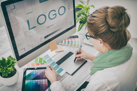 logo design brand designer sketch graphic drawing creative creativity draw studying work tablet concept - stock imageの写真素材