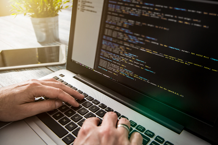 coding code program programming developer compute web development coder work design software closeup desk write workstation key password theft hacking firewall concept - stock imageの写真素材