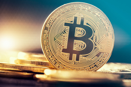 Bitcoin gold coin. Cryptocurrency concept. Virtual currency background.の写真素材