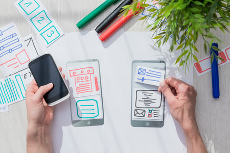 Designer woman drawing website ux app development. User experience concept.の写真素材