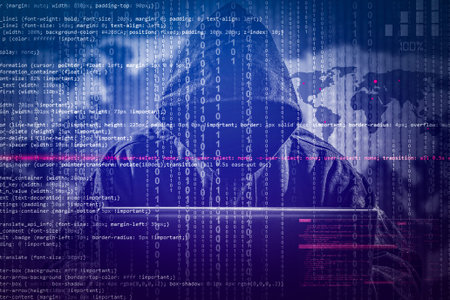 Hacker using laptop. Lots of digits on the computer screen.