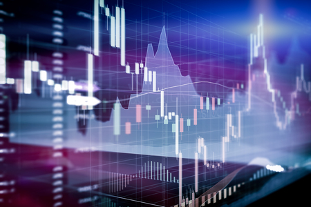 Candle stick graph and bar chart of stock market investment trading. Analysis Forex price display on computer screen.の写真素材