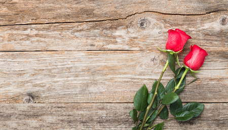 Valentines Day background. Two red roses lie on the wood.の写真素材