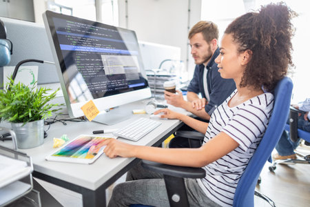 Developing programming and coding technologies. Website design. Programmer working in a software...