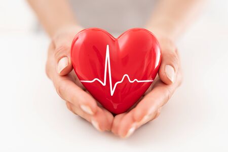 The woman is holding a red heart. Concept for charity, health insurance, love, international cardiology day.の写真素材