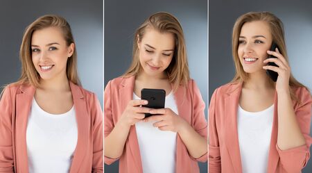 A smiling person uses a mobile phone. Photo collage. Joy and happy of new technologies.の写真素材
