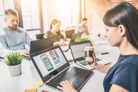 Designers man drawing website ux app development. User experience concept.の写真素材