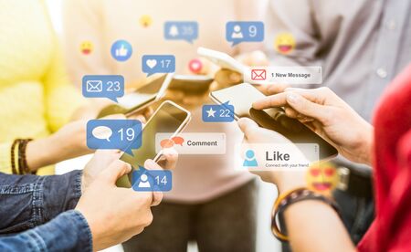 Young people watching a live streaming. Social media concept.の写真素材