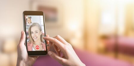 Virtual talking with friends, colleague and using video chat conference. Remote learning or work. Home quarantine or prevention of coronavirus infection (virus covid-19). Group of people smart workingの写真素材