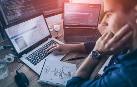 Developing programming and coding technologies. Website design. Programmer working in a software develop company office.の写真素材