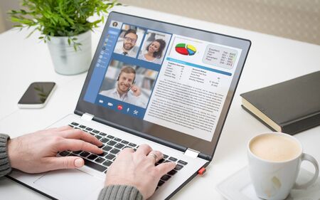 Virtual talking with friends, colleague and using video chat conference. Remote learning or work. Home quarantine or prevention of coronavirus infection (virus covid-19). Group of people smart workingの写真素材
