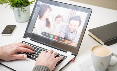 Virtual talking with friends, colleague and using video chat conference. Remote learning or work. Home quarantine or prevention of coronavirus infection (virus covid-19). Group of people smart workingの写真素材