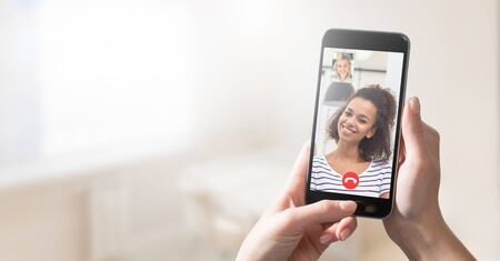 Virtual talking with friends, colleague and using video chat conference. Remote learning or work. Home quarantine or prevention of coronavirus infection (virus covid-19). Group of people smart workingの写真素材